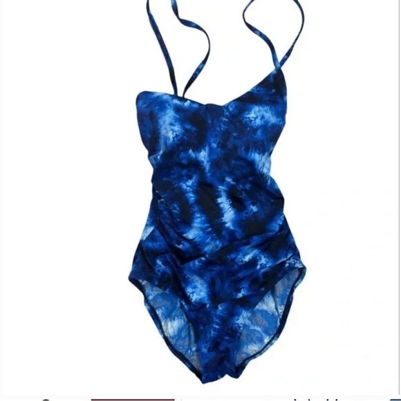 New! Target Aqua Green Women's Shirred Strappy Back One Piece Swim Blue Tie Dye - Picture 3 of 11